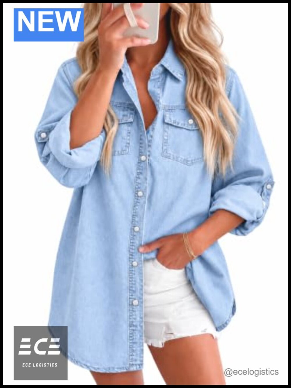 Women's Denim Button Down Shirt Cotton Roll Tab Long Sleeve Chambray Top